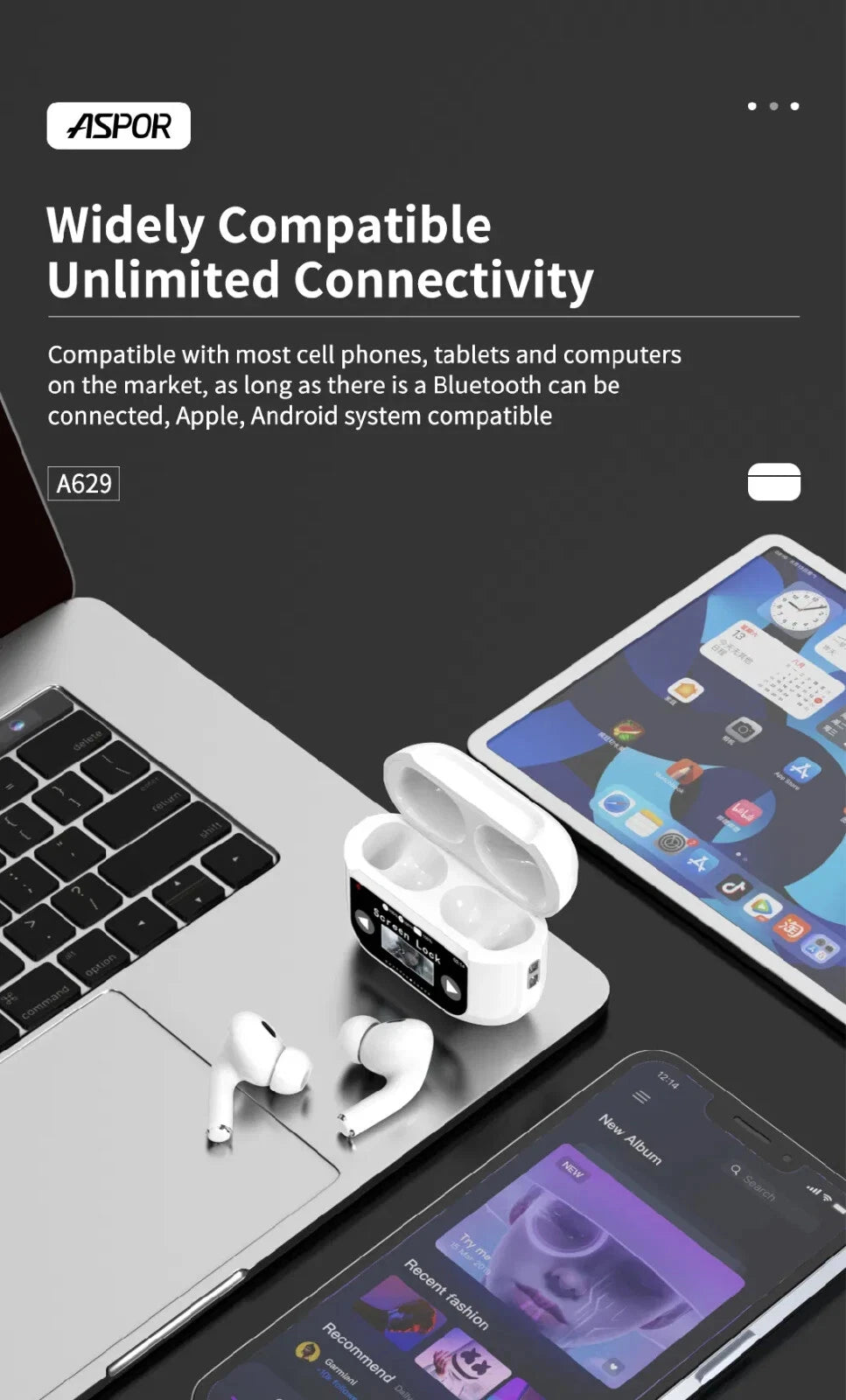 Aspor A629 5.3 Bluetooth Headphones Wireless Earbuds with Touch Screen & ANC