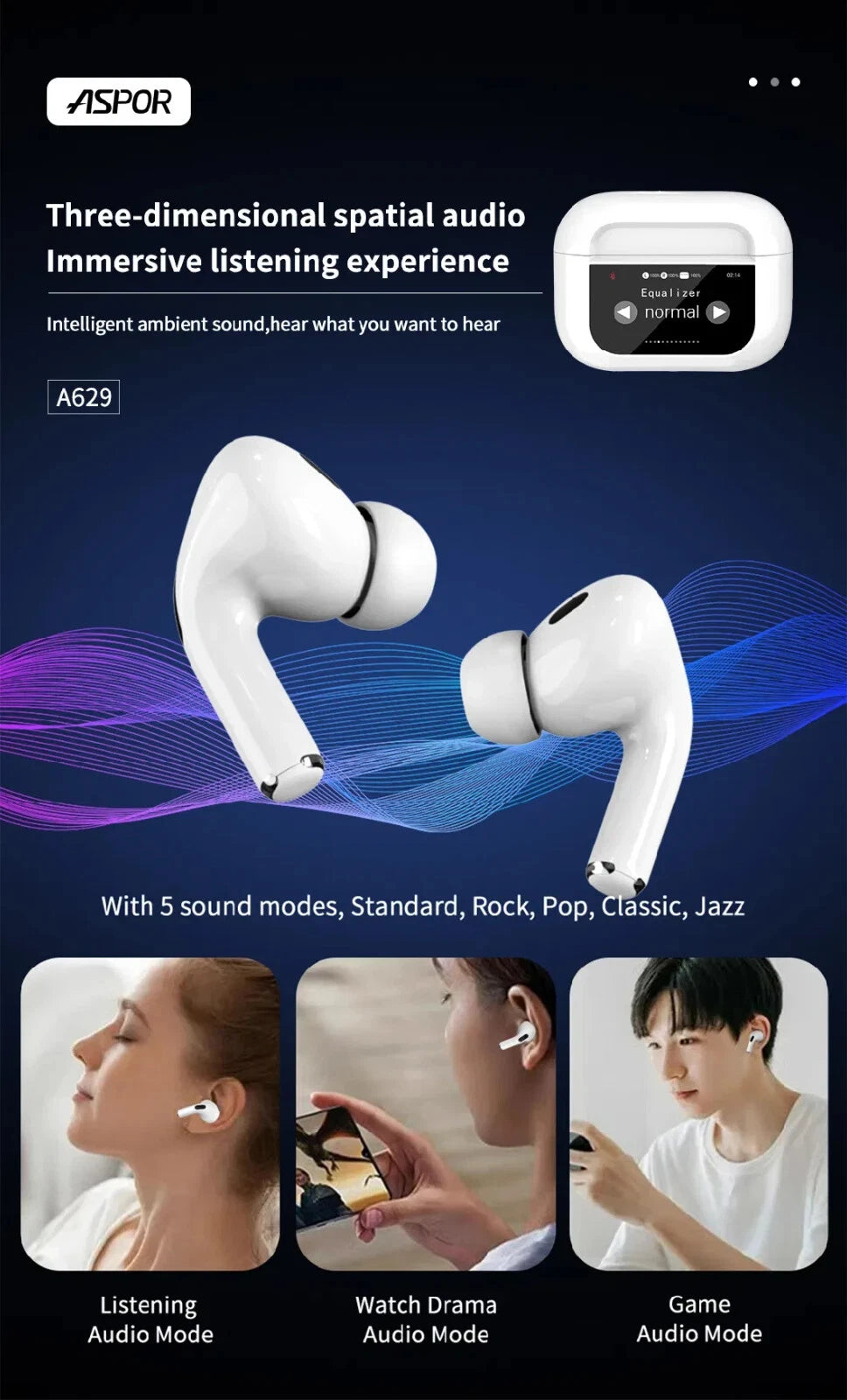 Aspor A629 5.3 Bluetooth Headphones Wireless Earbuds with Touch Screen & ANC