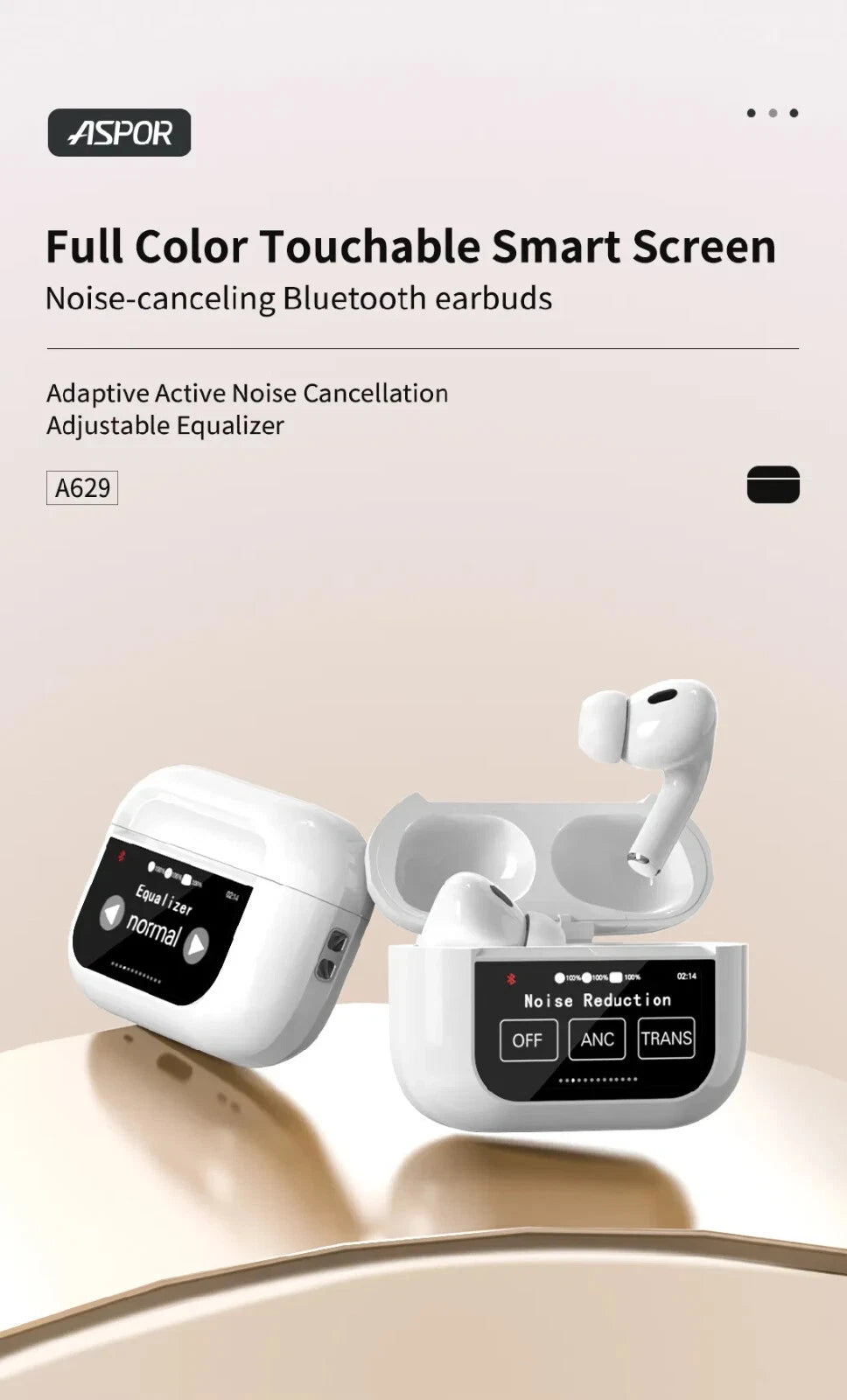Aspor A629 5.3 Bluetooth Headphones Wireless Earbuds with Touch Screen & ANC