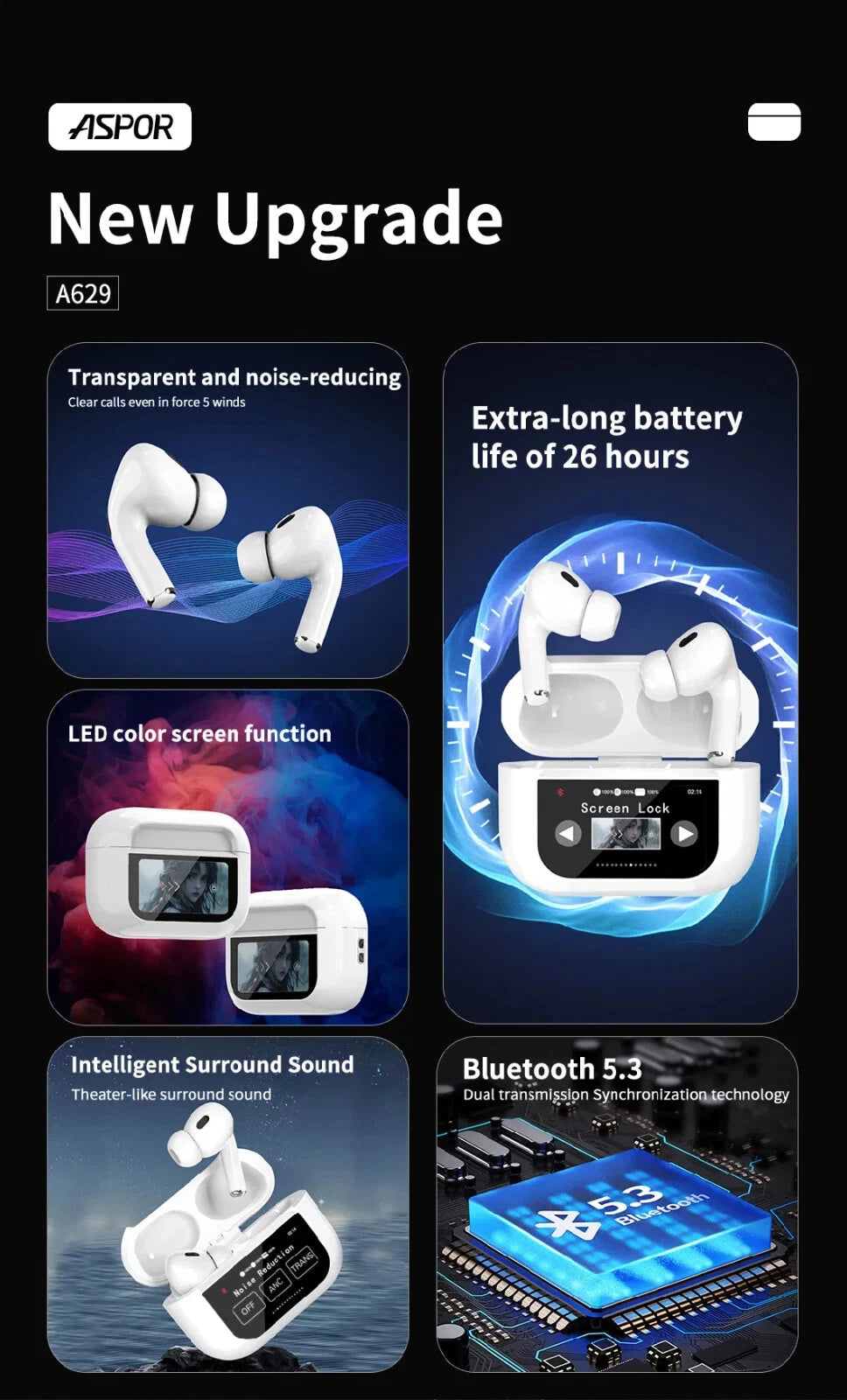 Aspor A629 5.3 Bluetooth Headphones Wireless Earbuds with Touch Screen & ANC